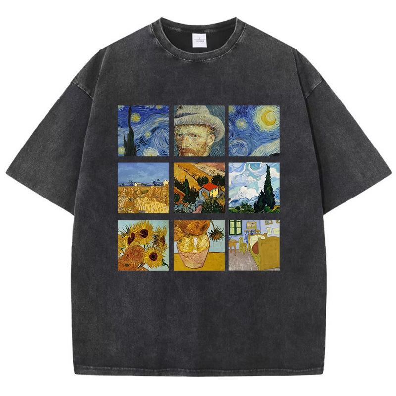 Cotton Women Washed T-Shirts Van Gogh'S Starry Night And Sun