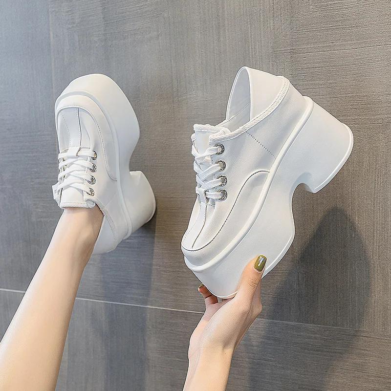 Fashion 11cm  Cow Genuine Leather High Brand Autumn Spring Chunky Sneakers Females Casual Ladies Vulcanize Women Platform Designer