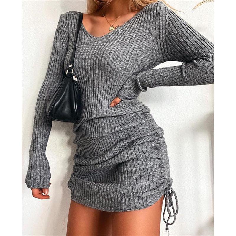 V-neck Knitted Sweater Dress - Long Sleeve, Slim Fit, Ruched Drawstring, Ribbed Design for Autumn/Winter