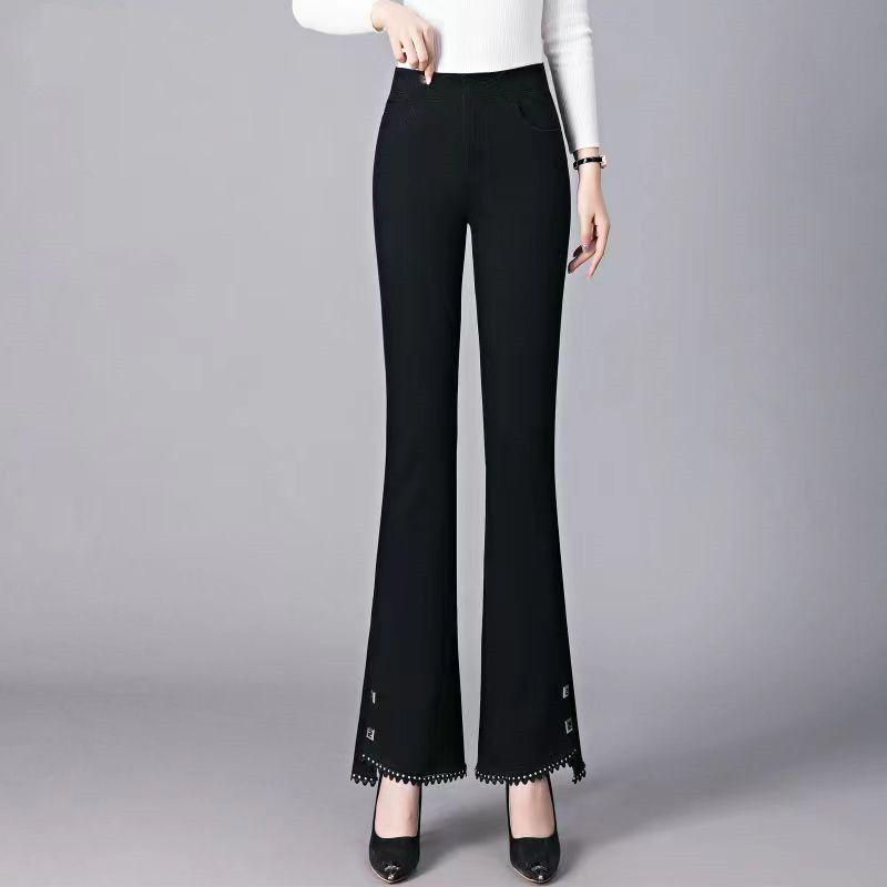 Fashion Simple Commuting Flared Pants Black Casual Women Spring Autumn Slim Elastic High Waiste Pocket Office Lady Trousers 2023