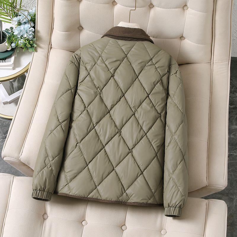 Women's Winter Loose Diamond Pattern Cotton Padded Jacket Lapel Lightweight Short Warm Fashion Outerwear