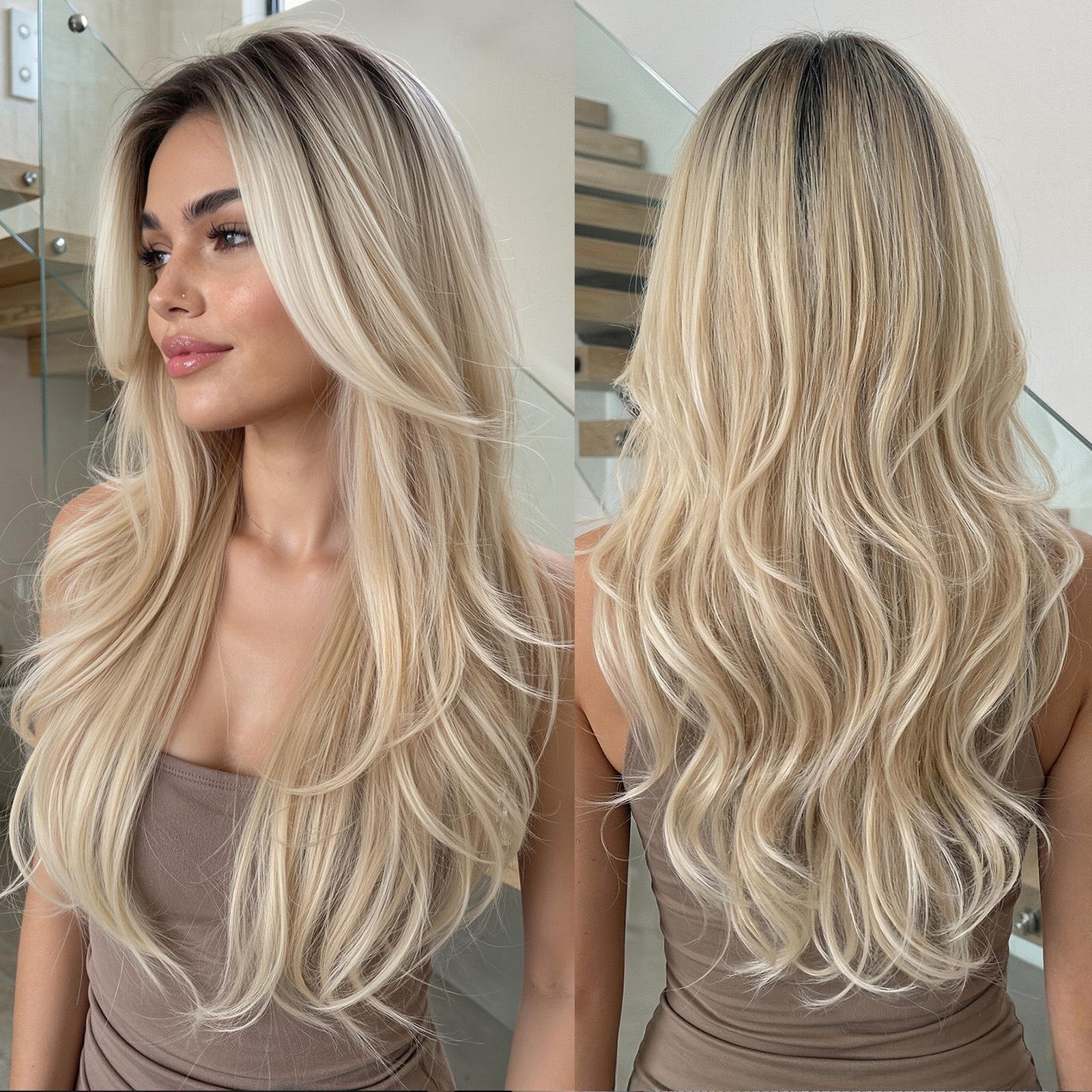 

European And American Wind And Wind Gradually Change Platinum Long Curly Hair Wig Eight-Character Bangs Fluffy Natural High Temperature Silk Material 1#
