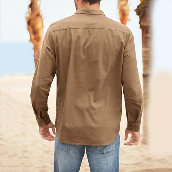 Men Solid Color Casual Shirt Lapel Long Sleeve Flap Pockets Single Breasted Shirt Loose Fit Tops Workwear