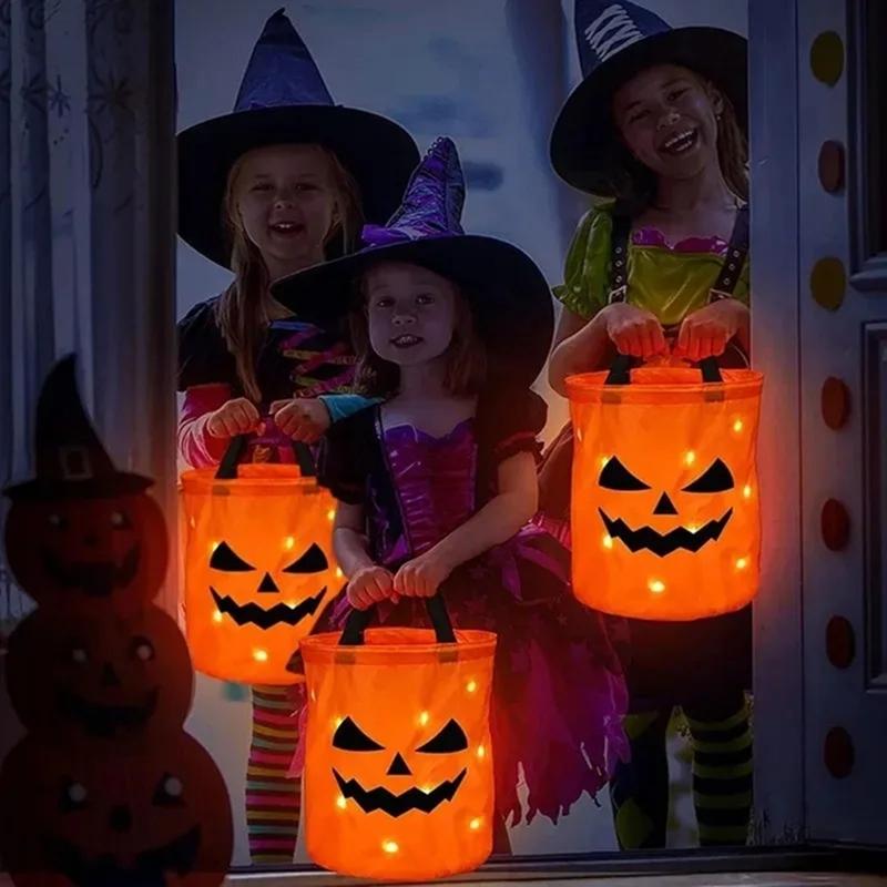 LED Light Up Halloween Pumpkin Basket Portable Tote Bag for Trick or Treat Christmas Party Favor Pouch festivals Decorations