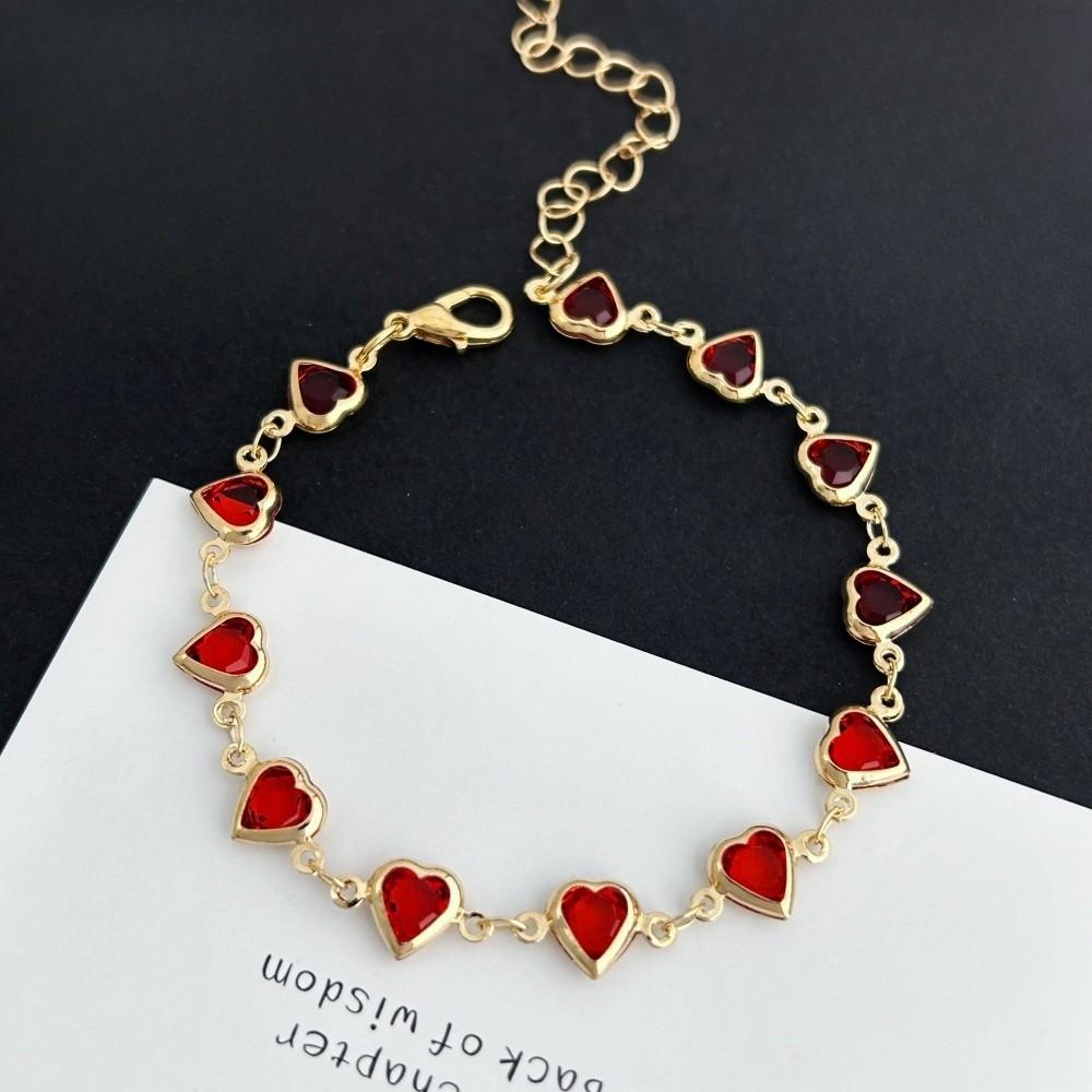 Elegant Red Crystal Zircon Metal Chain Women's Bracelet Red Heart-shaped Bracelet Party Wedding Girl Wrist Jewelry Gift