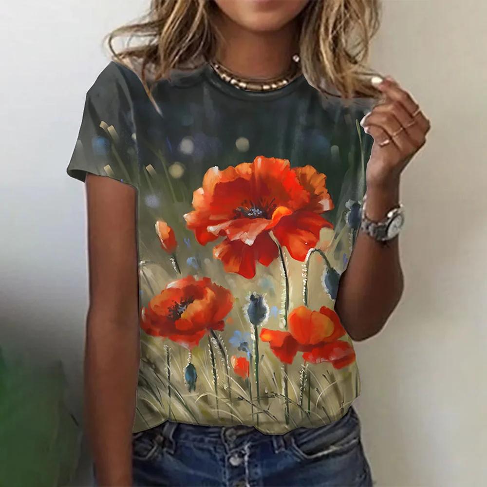 2023 Women's T-Shirts Fashion Floral Theme T Shirt Floral Plants Tees Summer Short Sleeve Top Basic Oversized Female Clothing