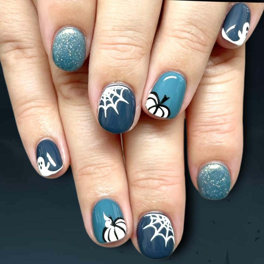 24-Piece Blue Glitter Ghost Halloween Square Nail Art Set