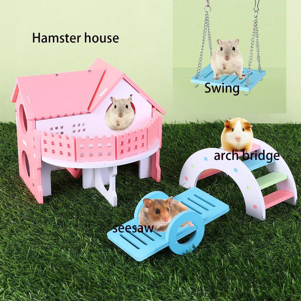 Conjunto de brinquedos para hamster inclui casa de hamster de madeira para pequenos animais, gerbil hamster, ponte arco-íris, brinquedo de gangorra, milho para mastigar
