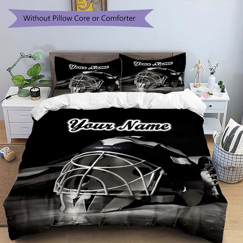 3-teiliges Hockey-Torwartmasken-Bettwäscheset mit individuellem Namen Bettbezugverschluss Enthält 1 Bettbezug & 2 Kissenbezüge für das Schlafzimmer