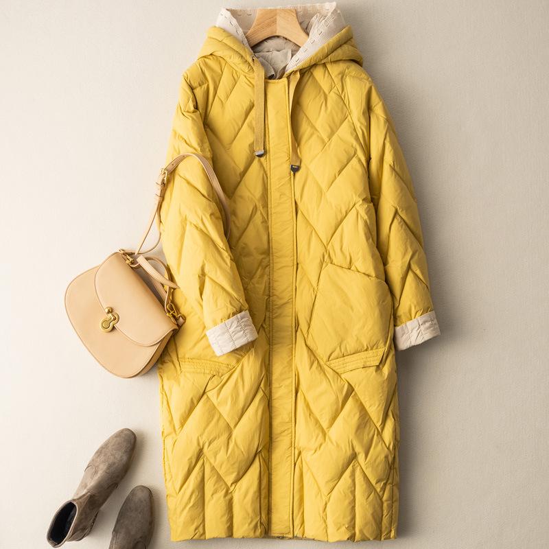

Зимняя легкая куртка-пуховик для женщин, свободная повседневная куртка с капюшоном, длинное пальто, женская повседневная свободная клетчатая парка, зимняя одежда, верхняя одежда XS жёлтый