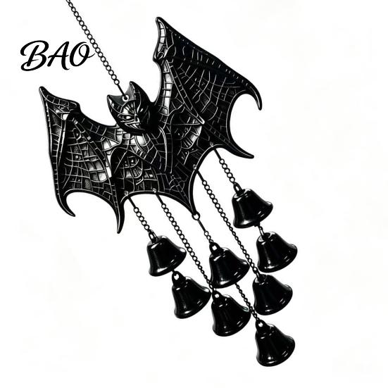 Bat Shaped Yard Decorations Gothic Metal Wind Chime, Halloween Hanging Ornament with Multiple Bells, 3D Durable Black Chime Embossed Decor for Indoor