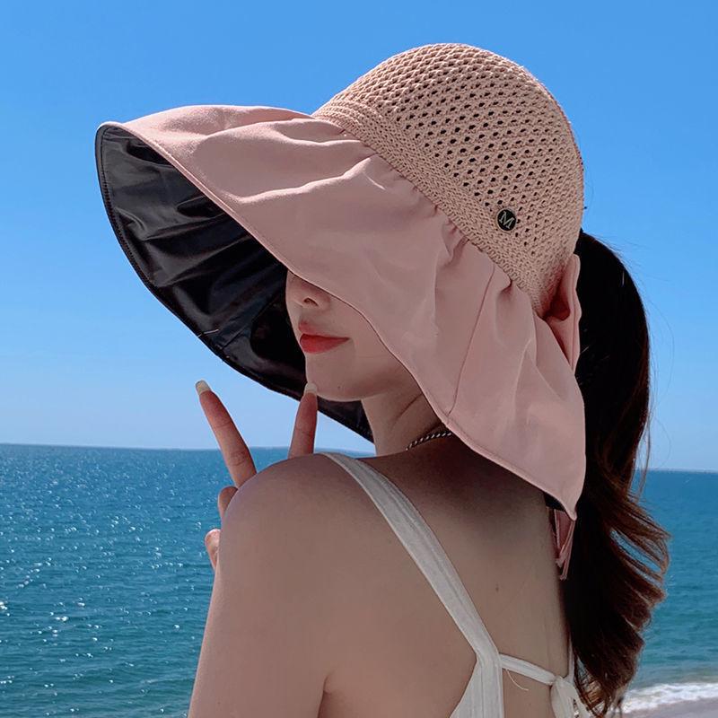 Women's Summer UV-Resistant Open-Top Black Hat with Bow and Wide Brim