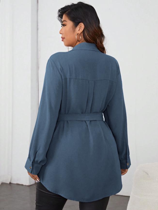 European-American Elegant Long-Sleeve Lapel Button Tie Women's Mid-Length Shirt