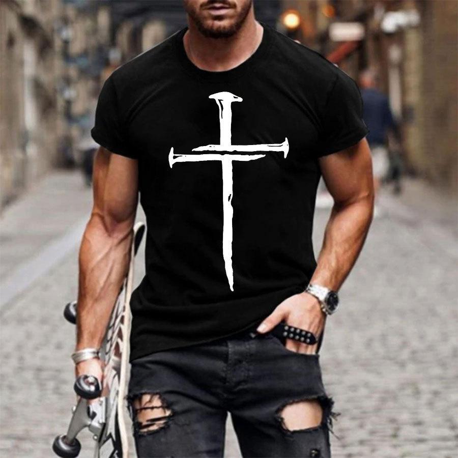 2024 Summer Retro Cross Pattern New Short Sleeved Round Neck Printed Men's T-shirt