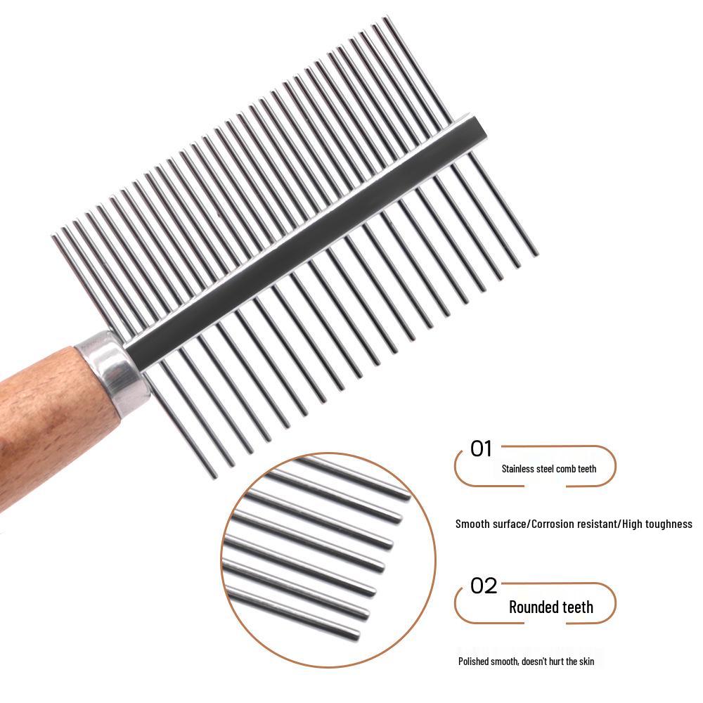 Peigne à puces en acier à manche en bois: Outil de toilettage pour animaux de compagnie pour chiens et chats pour enlever les poils morts avec une conception à dents fines.