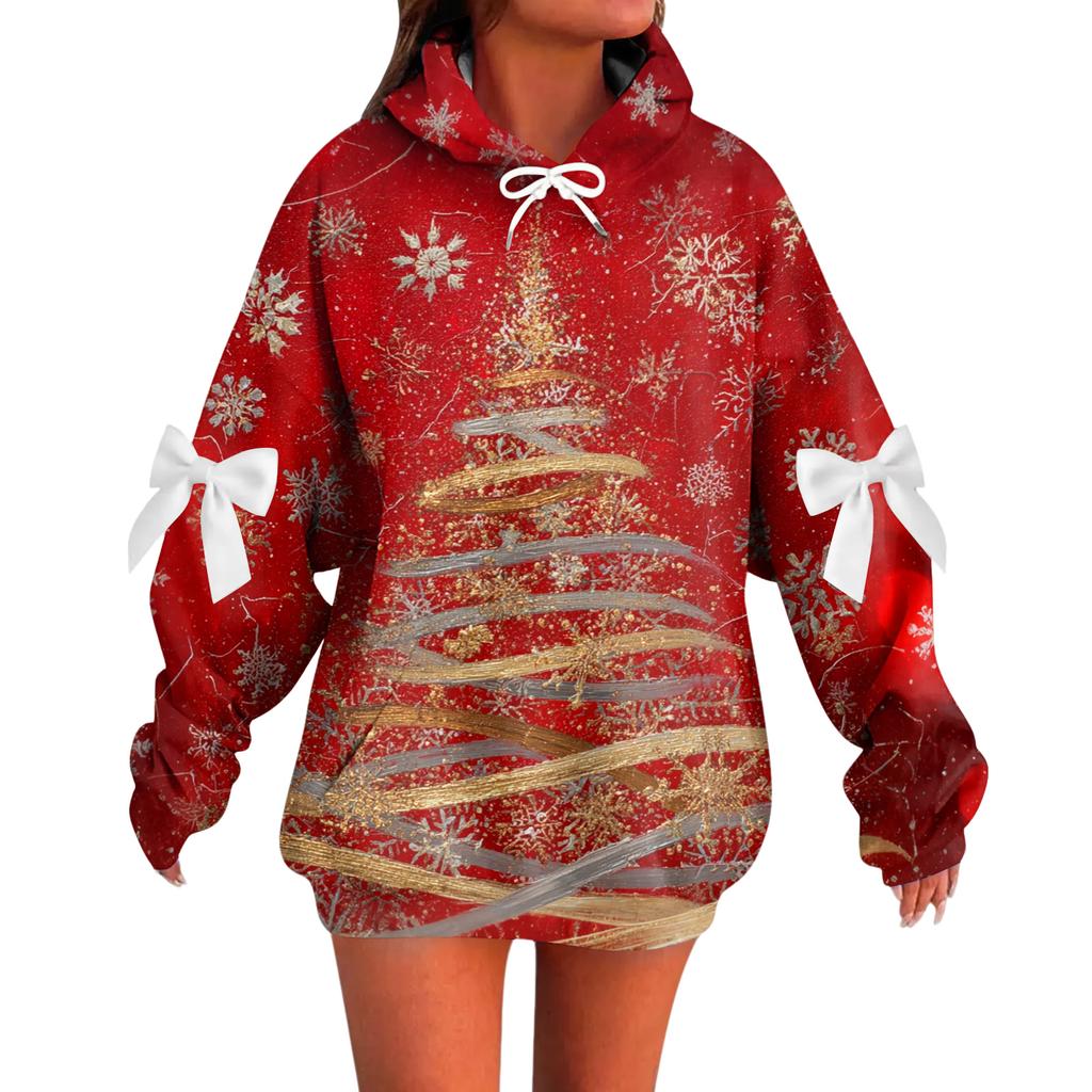 Ladies' Christmas Printed Bow Long Sleeved Loose Fitting Headband With Rope Hooded Sweatshirt Top