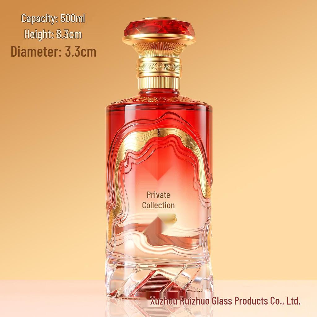 Embossed Transparent Glass Wine Bottle - Empty, High-Grade, Sealed Mountain Base for Baijiu Collection and Portioning (1 Jin Capacity)