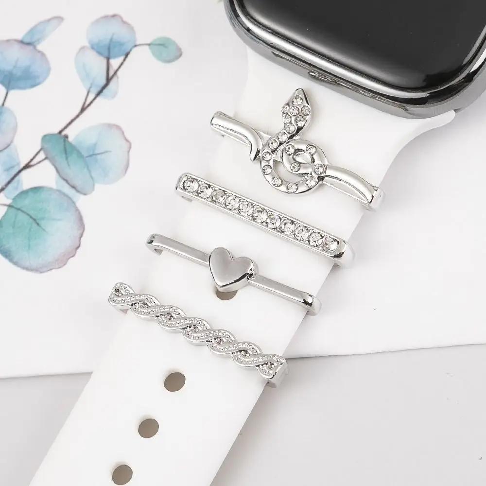 4Pcs Watch Band Ornament for Apple Watch Band Fashion Flower Heart-shaped Decor Ring for Iwatch Strap Accessory Wristbelt Charms