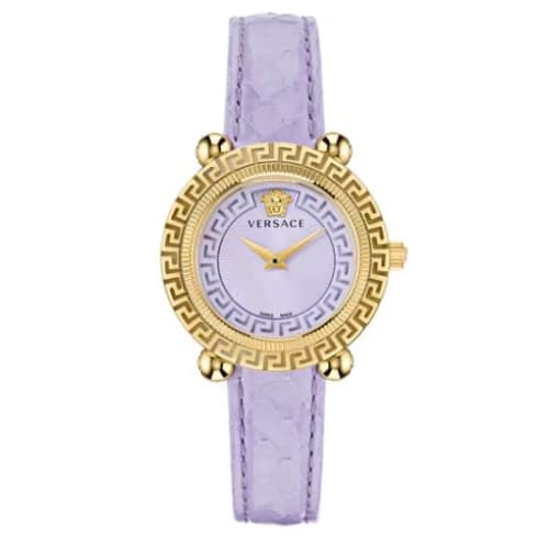 Versace Women's Greca Twist Watch (VE6I00223) with Quartz Movement, Water Resistant, Sapphire Crystal, and a Light Purple Dial In Stainless Steel.