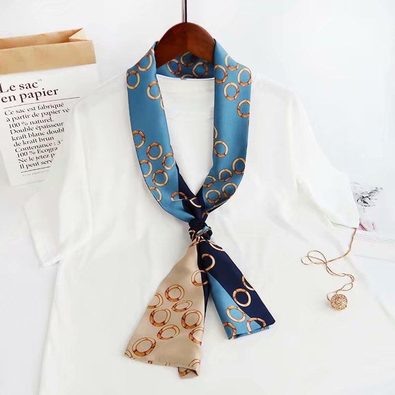Luxury Silk Long Scarf Women Bag Handle Ribbon Ladies Plaid Print Headband Small Hair Scarves Band Female Handkerchief