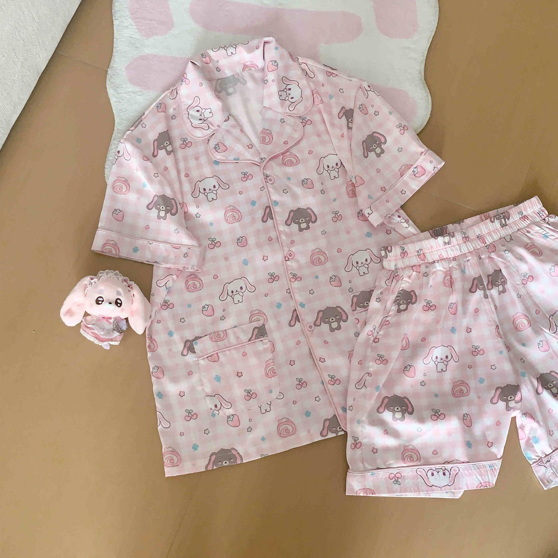 

Pink big-eared rabbit pajamas women s summer new short-sleeved shorts summer Korean version loungewear suit can be worn outside s [recommendation 35-40kg]