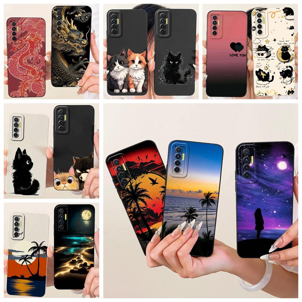 Phone Case For Tecno Camon 17P 17 Pro Casing Liquid Silicone Cartoon Dragon Funny Cat Seabeach Pattern Back Cover On Camon17