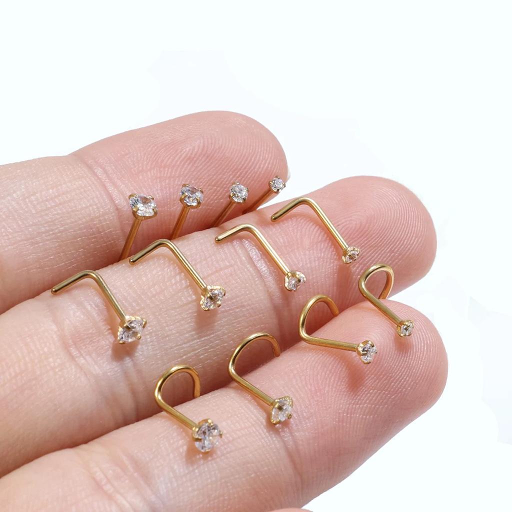 5Pcs CZ Gem Stainless Steel Nose Piercing Stud Crystal Nariz Body Jewelry S L Bone Shape Nostril Rings for Women Girl 20g 0.8mm