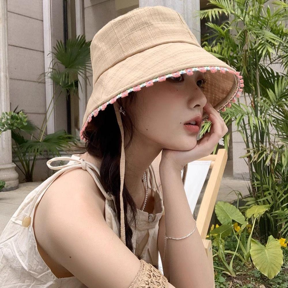 Sweet Lace-up Sun Caps French Style Women's Sun Hat Elegant Summer Fisherman Hat  Lady