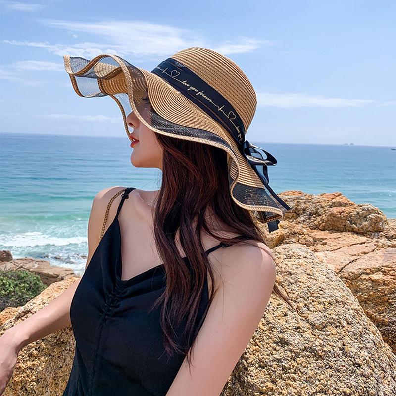 Fashion Flat-Topped Straw Hats Girls Wide Brim Sun Hat Outdoor Lace Bow Strap Lightweight Uv Protection Beach Cap