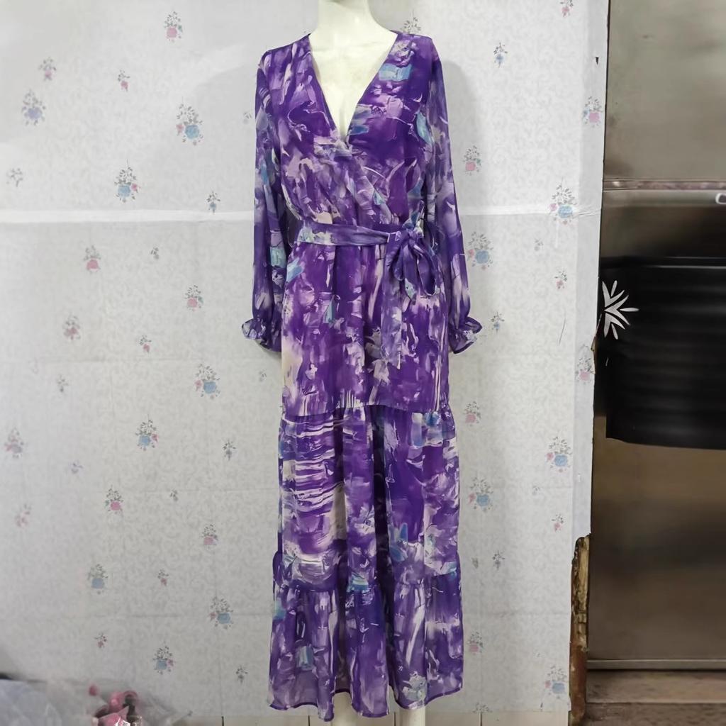 Women's Long Sleeve V Neck Watercolor Print Ruffle Hem Maxi Dress with Belt
