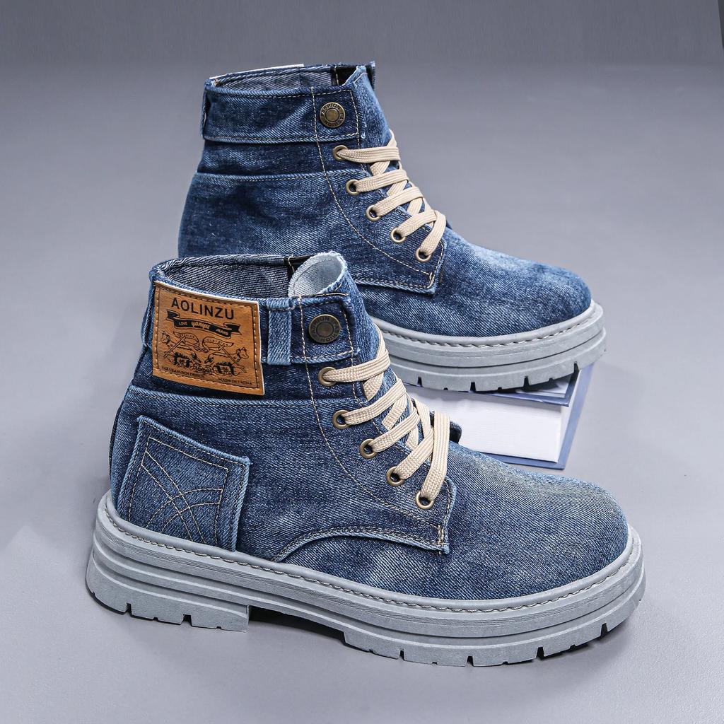 Fashion Big Size Men's Shoes 2025 New High Top Sports Shoes, Fashionable Denim Casual Board Shoes, Thick Soled Versatile Workwear Shoes