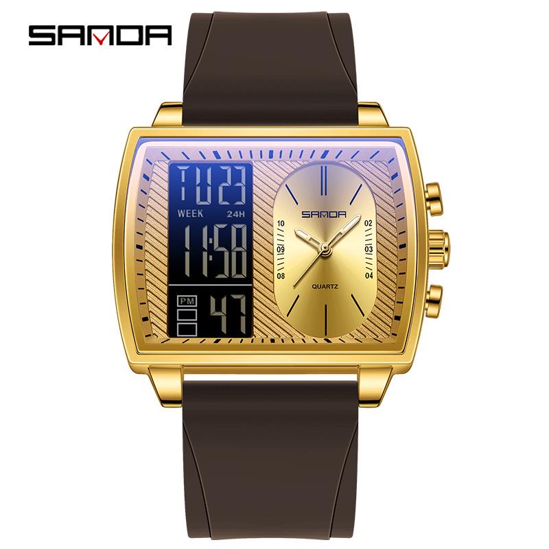 שעון ספורט רב-תכליתי עמיד למים לגברים מבית Sanda עם תצוגה כפולה מסוגננת.