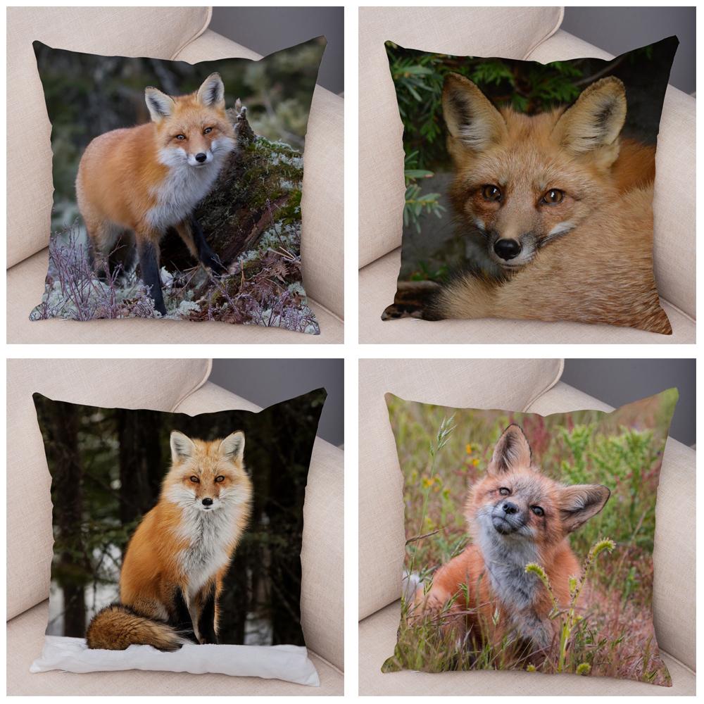Cute Wild Fox Printed Pillow Case Decor Lovely Animal Pillowcase 45*45cm Soft Short Plush Cushion Covers for Sofa Home Car
