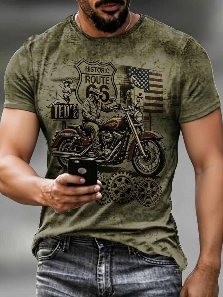 Men's Route 66 Motorcycle T-Shirt - Full-Body Vintage Cowboy & Print, Plus Size Oversized Short Sleeve Crew Neck Casual Summer Top, Retro Design