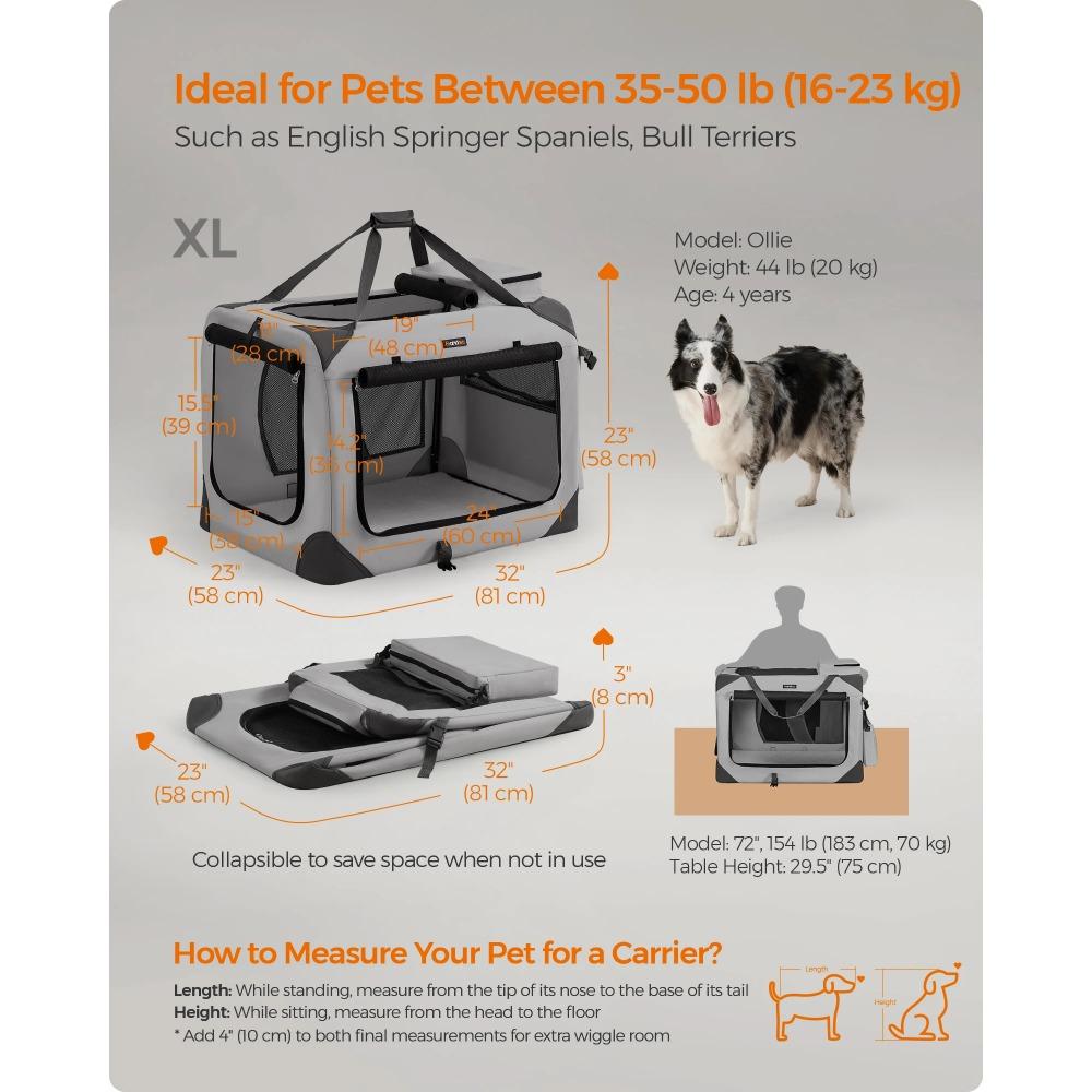 

Мягкая складная клетка для собак Feandrea 32 дюйма, переносная дорожная клетка для собак для использования в помещении и на улице, переноска для собак светло-серый