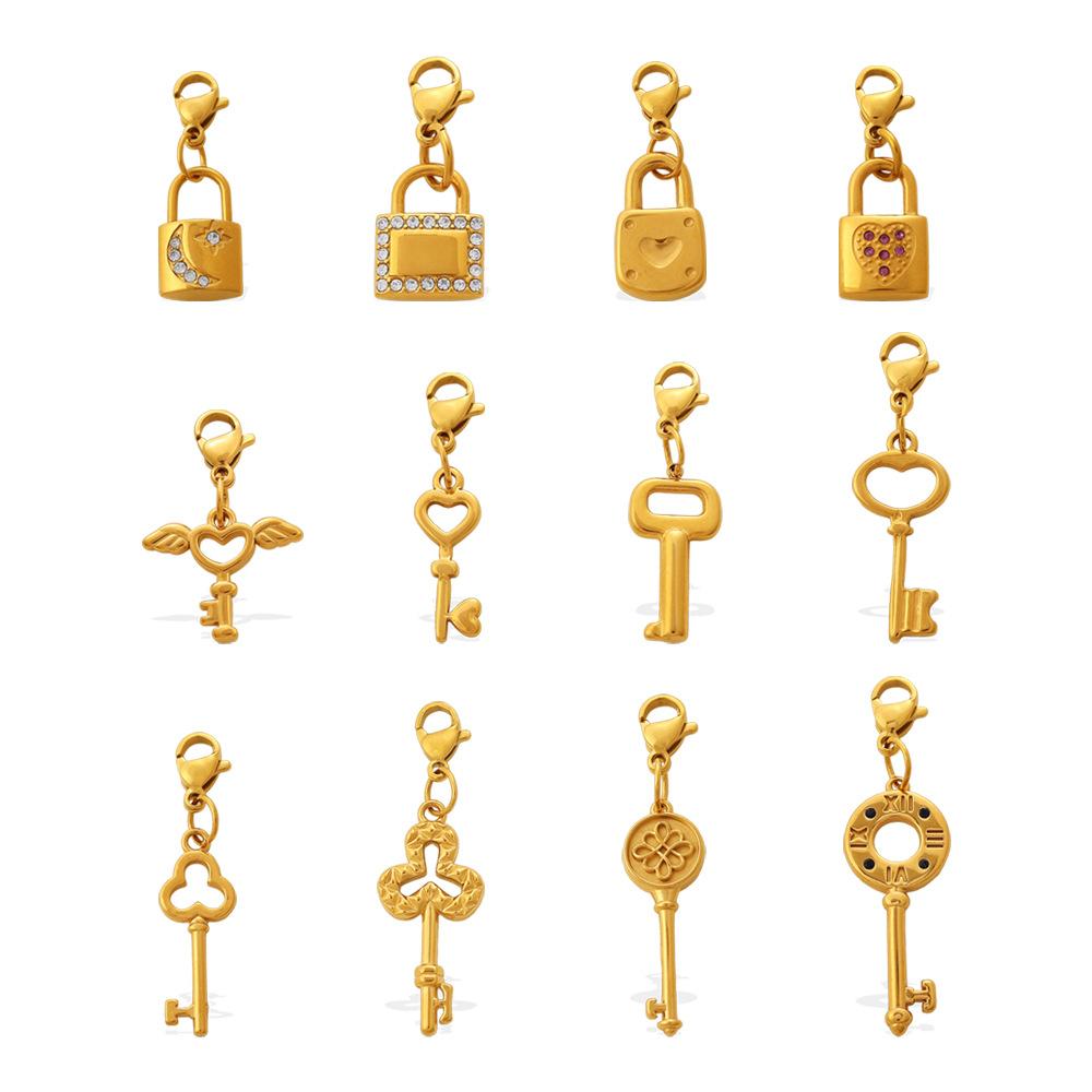 Retro Wind Diamond Lock Key Series Lobster Buckle Pendant Stainless Steel Gold-Plated Versatile Diy Accessories
