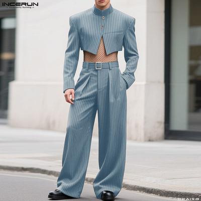 Pánske pruhované outfity stojačik dlhý rukáv crop topy zapínanie na zips s vysokým pásom súpravy dlhých nohavíc