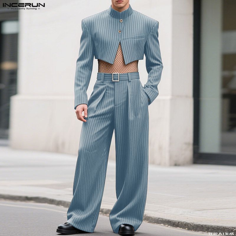 INCERUN Men Striped Outfits Stand Neck Long Sleeve Crop Tops Zip-Up High Waist Long Pants Sets