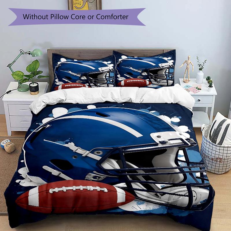 3pcs Blue Football Helmet Bedding Set, Including 1 Quilt Cover and 2 Pillow Shams, Without Filling, Soft and Comfortable Home Bedroom Fabric