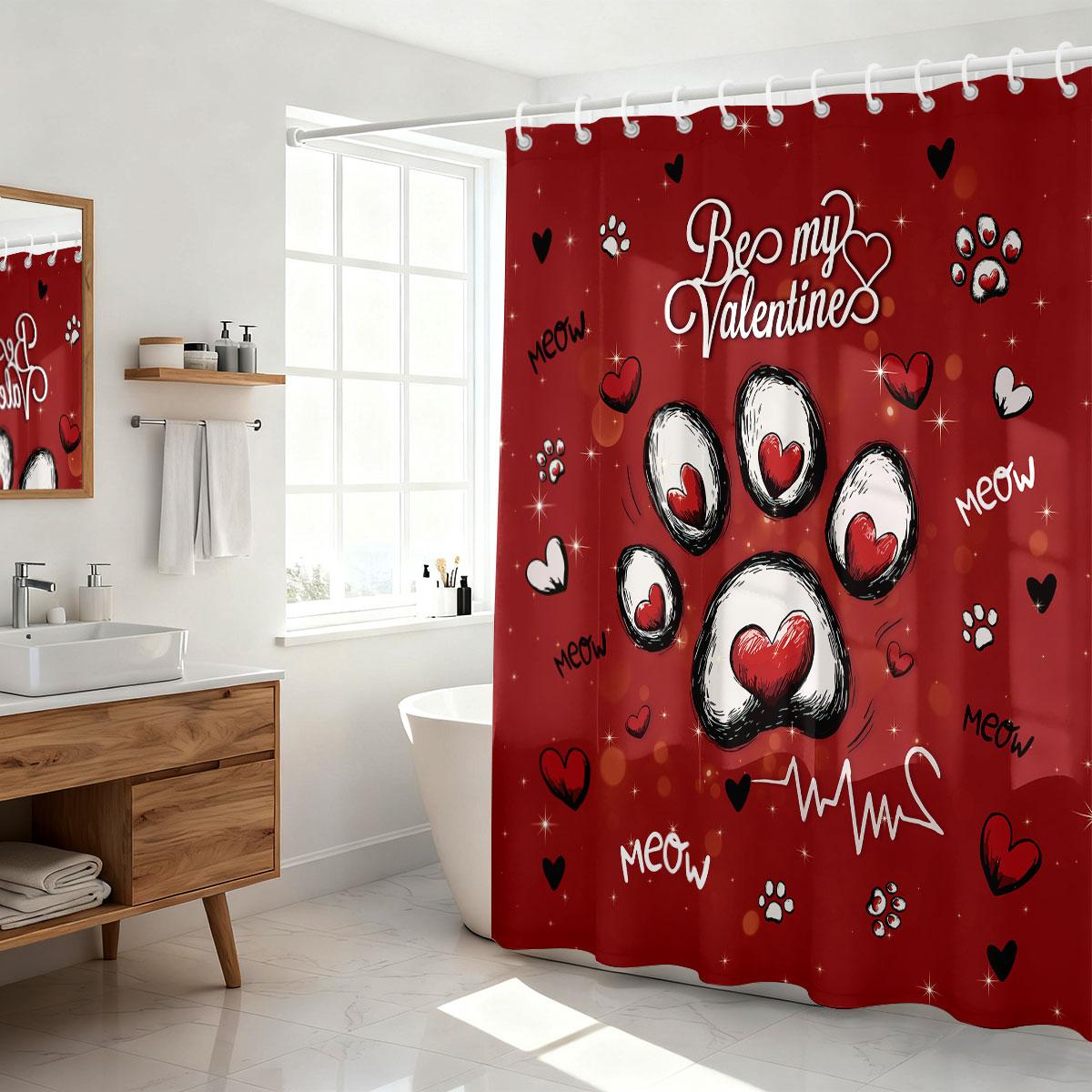 

1pc Valentine s Day Romantic Red Cat Claw Print Waterproof Privacy Shower Curtain with 12 Hooks, Multiple Sizes, Easy to Install 90x180cm