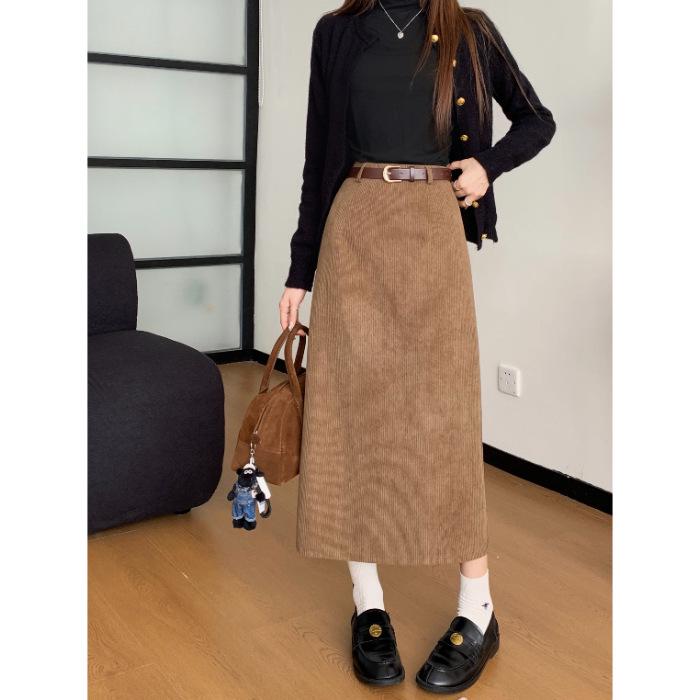 Women s High-Waist Corduroy A-Line Skirt with Back Slit, Slimming Mid-Length for Autumn/Winter L