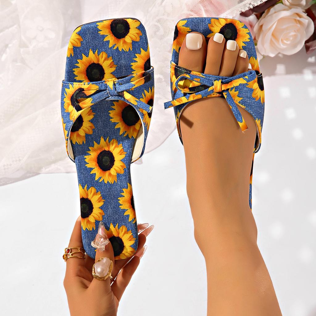 Summer Boho Sunflower Slides for Women, Square Toe Flat Sandals with Single Strap, Casual Flip Flops Matching Dresses