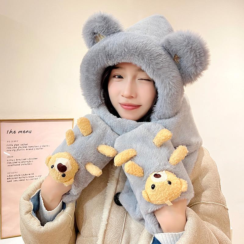 

Женская милая плюшевая шапка-ушанка, комплект шарф и перчатки с кроличьими ушками - осенне-зимний набор из трех предметов, грелка для шеи в виде медведя.