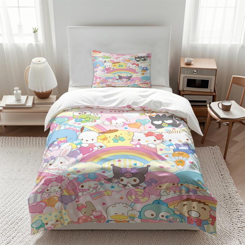 Sanrio Friends Pastel Rainbow Bedding Set Kawaii All-Over Print Duvet Cover Set With Pillowcases Girls Bedroom Anime Bed Linen