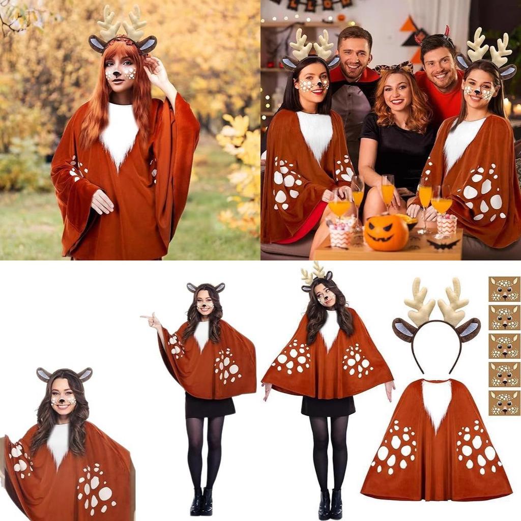 Christmas Cosplay Reindeer Cape With Face Sticker And Headband For Holiday Parties