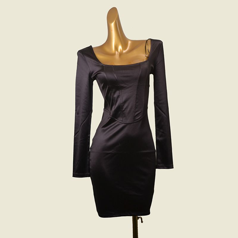 

Swedish Brand Sexy Square Collar Long Sleeves Silm Bodycon Dress Sexy Dress Fashion Style Export Skirt Coffee L