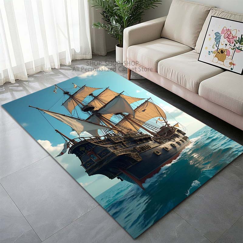 Medieval Sailing Ships At Sea Pattern Carpet for Living Room Bedroom Sofa Home Decor Non-slip Floor Mat Large Size Outdoor Rug