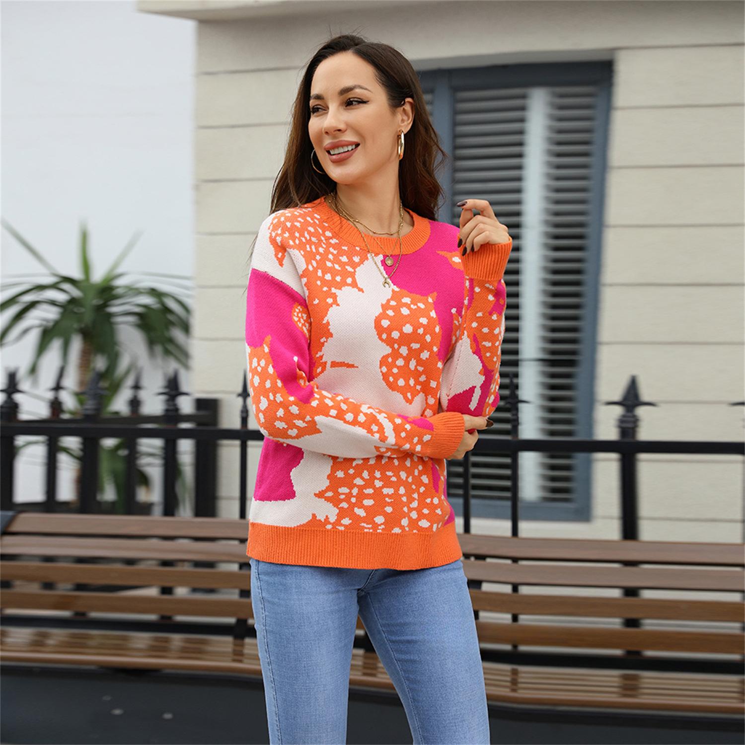 

Новый осенне-зимний стиль пуловер с круглым вырезом жаккардовый красочный свитер с длинным рукавом для женщин, модный и повседневный вязаный свитер XL оранжевый