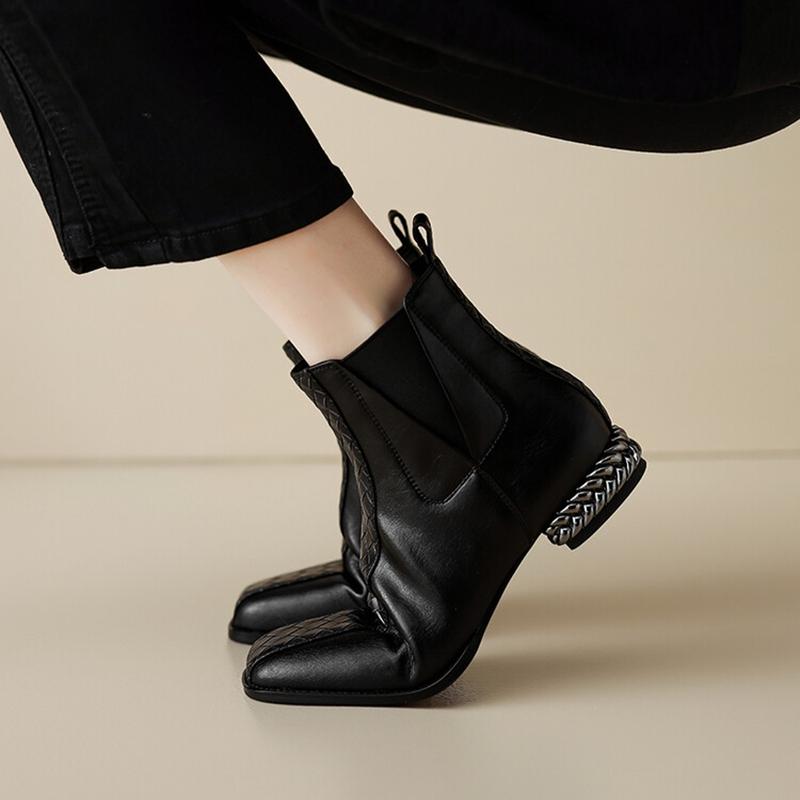 Fashion NEW Autumn/Winter Women Boots Square Toe Chunky Heel Shoes Split Leather Shoes for Women Slip-on Ankle Boots Black Modern Boots