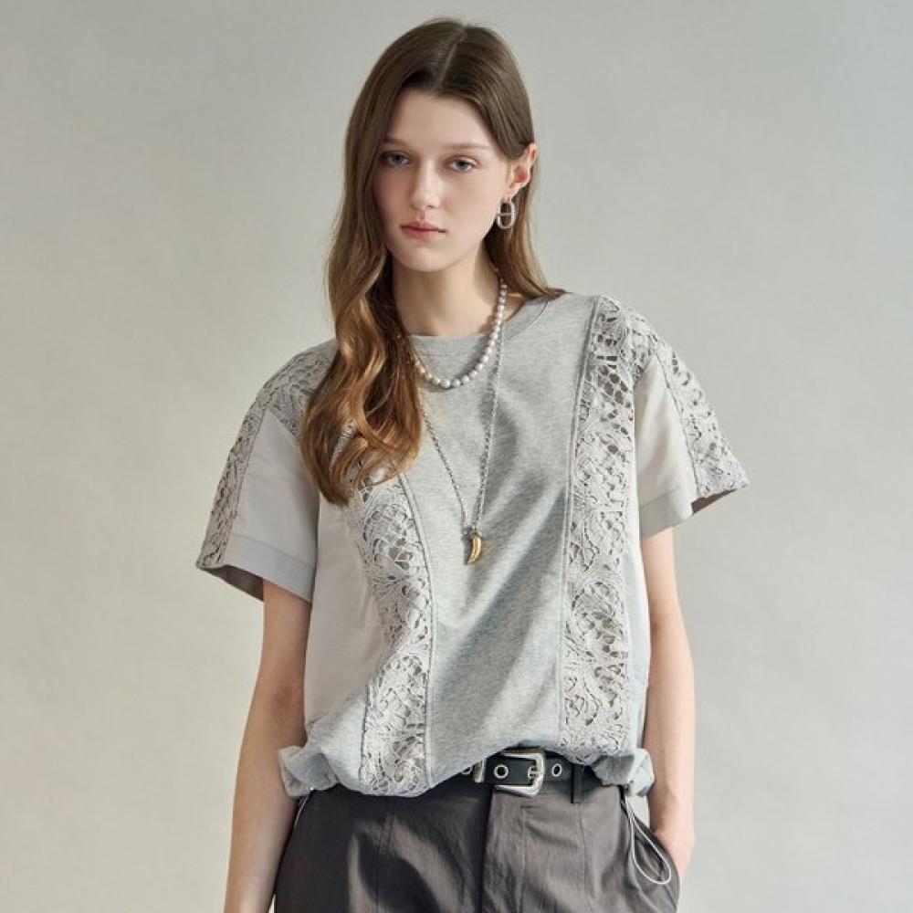 

Maxza Lace Color MaTching ShorT Sleeve T shirT zf05qT012nh Grey/FREE
